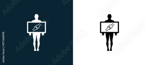 Two-color man having an x ray of bone outline icon pair in black and white, editable stroke vector illustration for web, mobile apps, UI design, branding, and print from body parts