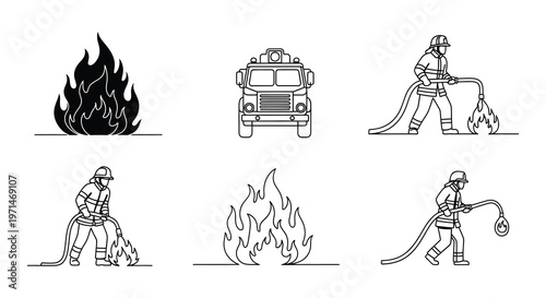 Firefighters battling a blaze with trucks and equipment illustrations