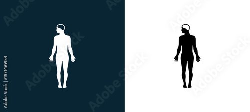 Two-color male human body outline icon pair in black and white, editable stroke vector illustration for web, mobile apps, UI design, branding, and print from body parts