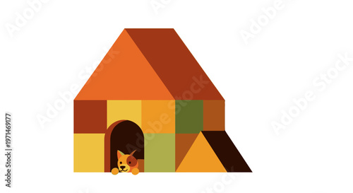 Dog Happily Peeking Out of a Colorful Geometric Doghouse Illustration