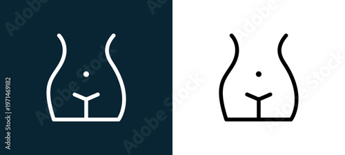 Two-color female hips and waist outline icon pair in black and white, editable stroke vector illustration for web, mobile apps, UI design, branding, and print from body parts