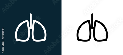 Two-color human lungs outline icon pair in black and white, editable stroke vector illustration for web, mobile apps, UI design, branding, and print from body parts