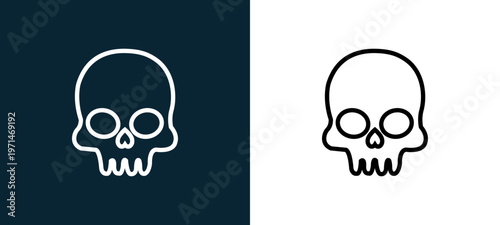 Two-color skull outline icon pair in black and white, editable stroke vector illustration for web, mobile apps, UI design, branding, and print from FRONTAL VIEW ICON VECTOR
