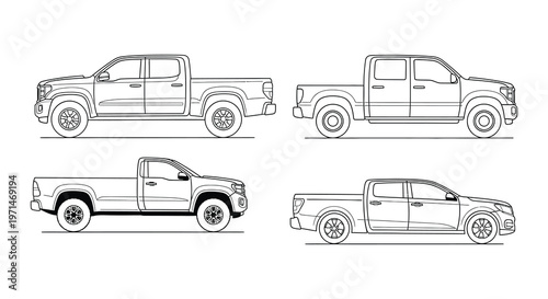 Line drawing of four dump trucks in various positions