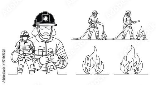 Firefighters battling a blaze with trucks and equipment illustrations