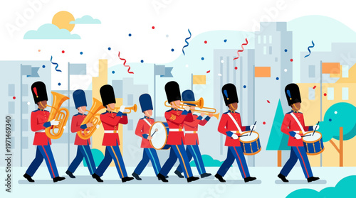 Marching Band in Red Uniforms Playing Instruments in City Parade