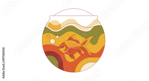 Goldfish in a Retro 70s Style Fishbowl with Abstract Colors