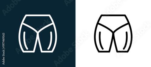 Two-color male hips and quadriceps outline icon pair in black and white, editable stroke vector illustration for web, mobile apps, UI design, branding, and print from body parts