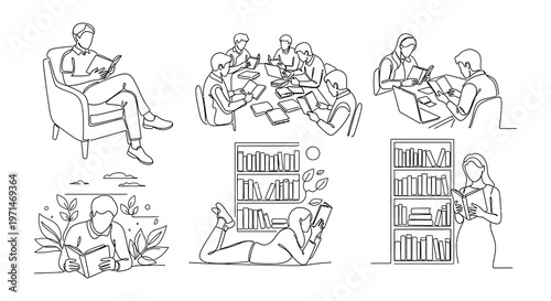 People reading and studying in various settings illustrated in a linear style