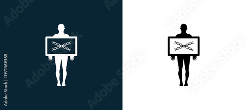 Two-color standing man holding an x rays image outline icon pair in black and white, editable stroke vector illustration for web, mobile apps, UI design, branding, and print from body parts