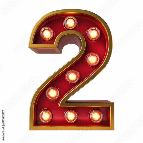 Illuminated number 2 sign isolated on transparent background