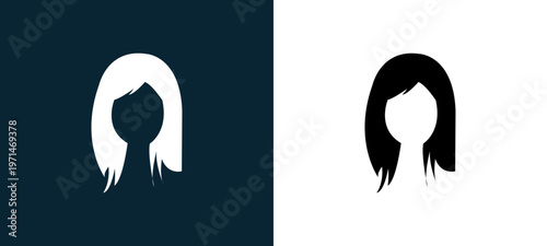 Two-color brunette female woman long hair outline icon pair in black and white, editable stroke vector illustration for web, mobile apps, UI design, branding, and print from body parts