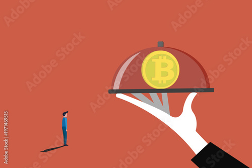 Professional hand serving bitcoin cryptocurrency on a silver platter with cloche to a businessman illustrating financial investment opportunities and wealth management services