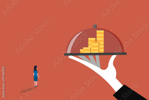 Professional hand serving growing financial bar chart on a silver platter to a business woman illustrating wealth management success and strategic investment growth opportunities