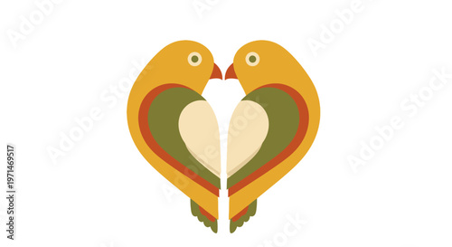 Birds Lovebirds Forming a Heart Shape in a Retro Seventies Style Illustration