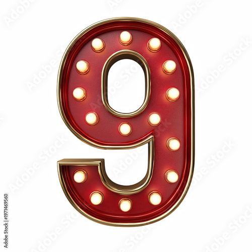 Illuminated number 9 sign isolated on transparent background