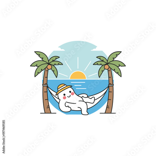Cute cartoon character relaxing in a hammock on a tropical beach.