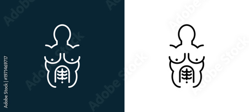 Two-color upper body muscular view outline icon pair in black and white, editable stroke vector illustration for web, mobile apps, UI design, branding, and print from body parts