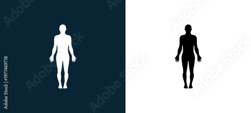 Two-color standing human body outline icon pair in black and white, editable stroke vector illustration for web, mobile apps, UI design, branding, and print from body parts