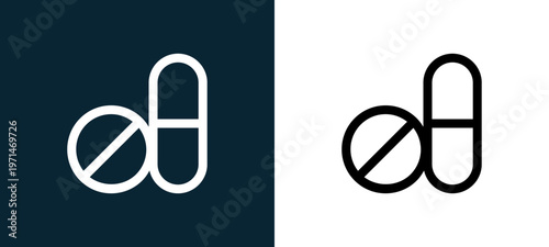 Two-color tablet and capsule medications outline icon pair in black and white, editable stroke vector illustration for web, mobile apps, UI design, branding, and print from body parts