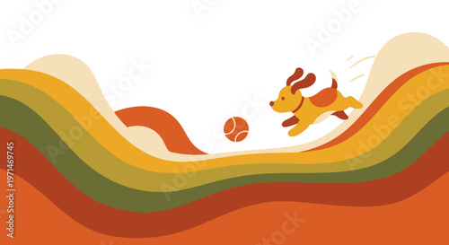 Dog Joyfully Running and Playing with a Ball on a Retro Stylized Landscape