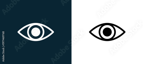 Two-color eye variant with enlarged pupil outline icon pair in black and white, editable stroke vector illustration for web, mobile apps, UI design, branding, and print from body parts
