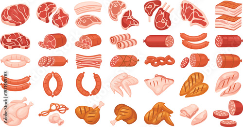 Comprehensive meat cuts vector set featuring beef, pork, chicken, and sausages in detailed butcher style illustration collection