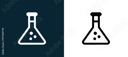 Two-color urine in a flask for experimentation outline icon pair in black and white, editable stroke vector illustration for web, mobile apps, UI design, branding, and print from body parts