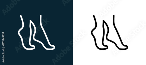 Two-color tiptoe feet outline icon pair in black and white, editable stroke vector illustration for web, mobile apps, UI design, branding, and print from body parts