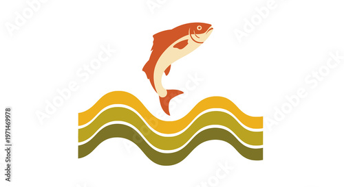 Fish Salmon Leaping from Water with Retro Wavy Lines Illustration