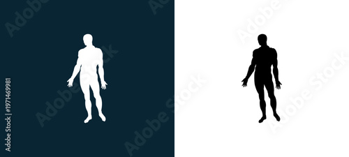 Two-color human body standing black outline icon pair in black and white, editable stroke vector illustration for web, mobile apps, UI design, branding, and print from body parts