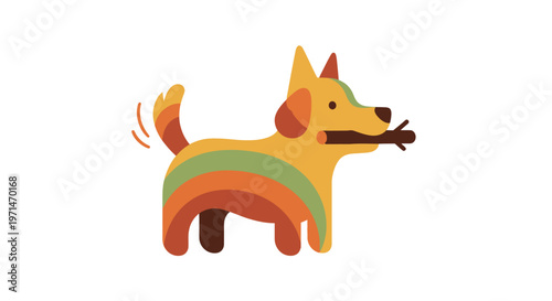 Dog Playing Fetch with a Stick in a Colorful Stylized Illustration