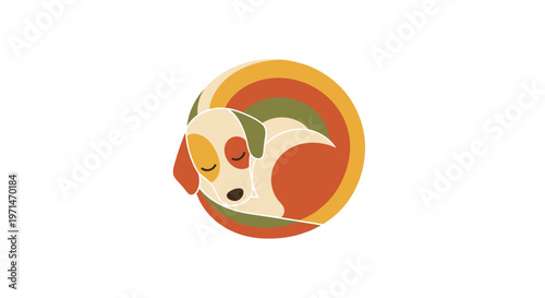 Sleeping Puppy Curled Up in Abstract Retro Rainbow Background