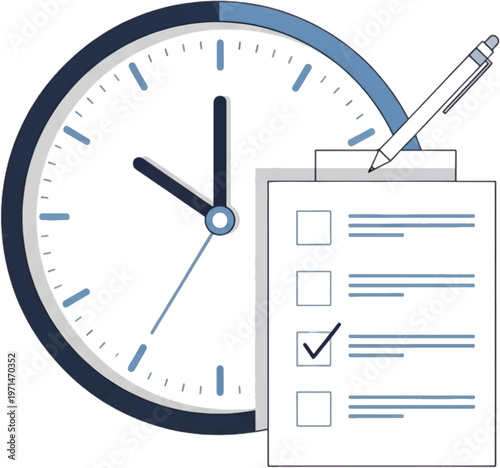 Time management concept clock with checklist and pen, symbolizing productivity, tasks, and deadlines