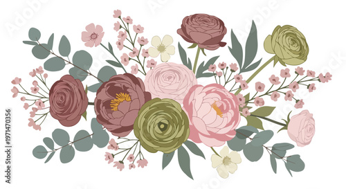 Elegant floral arrangement with soft pink and dusty rose peonies and eucalyptus leaves