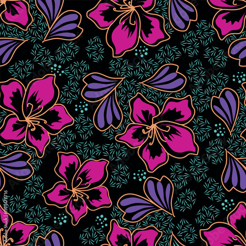 Big flowers pattern, upscale floral pattern. graphical textures floral, trendy colors pattern , flowers background with leaves. vector illustration.
