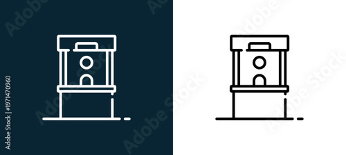 Two-color ticket office outline icon pair in black and white, editable stroke vector illustration for web, mobile apps, UI design, branding, and print from event