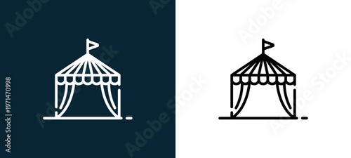 Two-color circus tent outline icon pair in black and white, editable stroke vector illustration for web, mobile apps, UI design, branding, and print from event