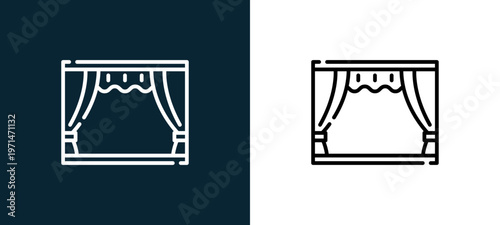Two-color theatre outline icon pair in black and white, editable stroke vector illustration for web, mobile apps, UI design, branding, and print from event
