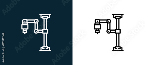 Two-color industrial robot outline icon pair in black and white, editable stroke vector illustration for web, mobile apps, UI design, branding, and print from industrial process