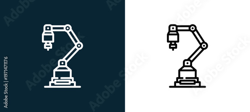 Two-color industrial robot outline icon pair in black and white, editable stroke vector illustration for web, mobile apps, UI design, branding, and print from industrial process
