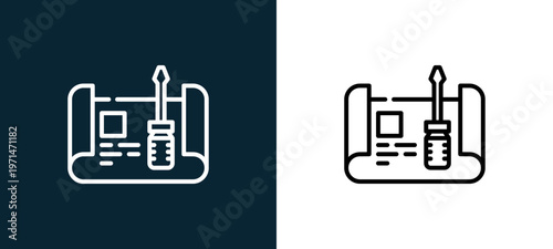Two-color plan outline icon pair in black and white, editable stroke vector illustration for web, mobile apps, UI design, branding, and print from industrial process