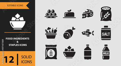 Food ingredients and staples icons in solid style on gray background
