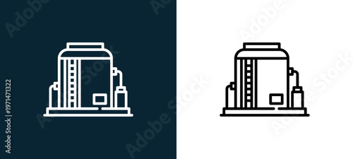 Two-color tank outline icon pair in black and white, editable stroke vector illustration for web, mobile apps, UI design, branding, and print from industrial process