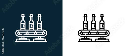 Two-color conveyor outline icon pair in black and white, editable stroke vector illustration for web, mobile apps, UI design, branding, and print from industrial process