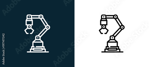 Two-color industrial robot outline icon pair in black and white, editable stroke vector illustration for web, mobile apps, UI design, branding, and print from industrial process