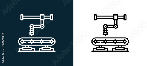 Two-color industrial robot outline icon pair in black and white, editable stroke vector illustration for web, mobile apps, UI design, branding, and print from industrial process