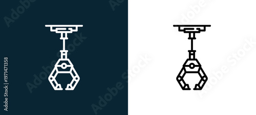 Two-color industrial robot outline icon pair in black and white, editable stroke vector illustration for web, mobile apps, UI design, branding, and print from industrial process