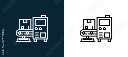 Two-color industrial robot outline icon pair in black and white, editable stroke vector illustration for web, mobile apps, UI design, branding, and print from industrial process