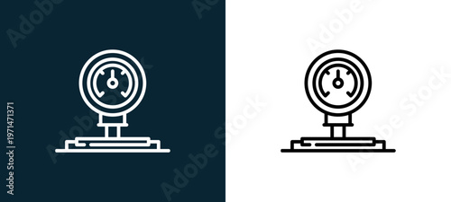 Two-color gauge outline icon pair in black and white, editable stroke vector illustration for web, mobile apps, UI design, branding, and print from industrial process